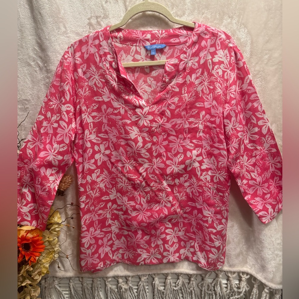 Blue Ginger Tropical Floral Blouse, 3/4 Sleeve, Size S